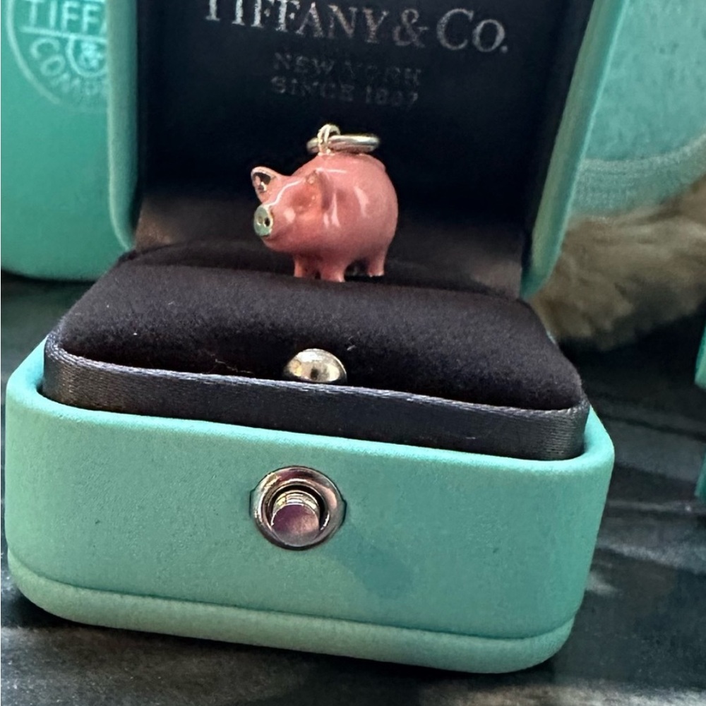 Rare Auth Tiffany & Co. T&co Pink Enamel Pig Piggy Charm Pendant Necklace 7g